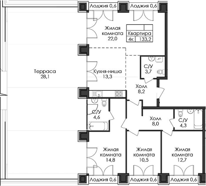 3-комнатная квартира 133.2 м², 8/9 эт., ЖК «Лермонтовский 54»